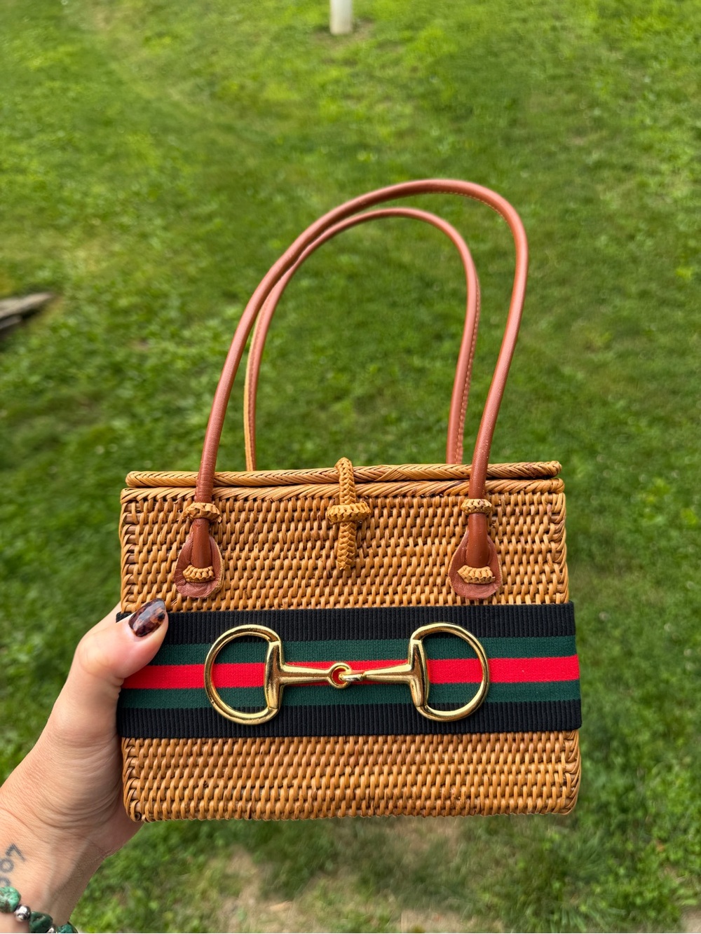 Lisi Lerch Woven Brown Straw Tote with Green-Red Stripe Gold Bit Equestrian